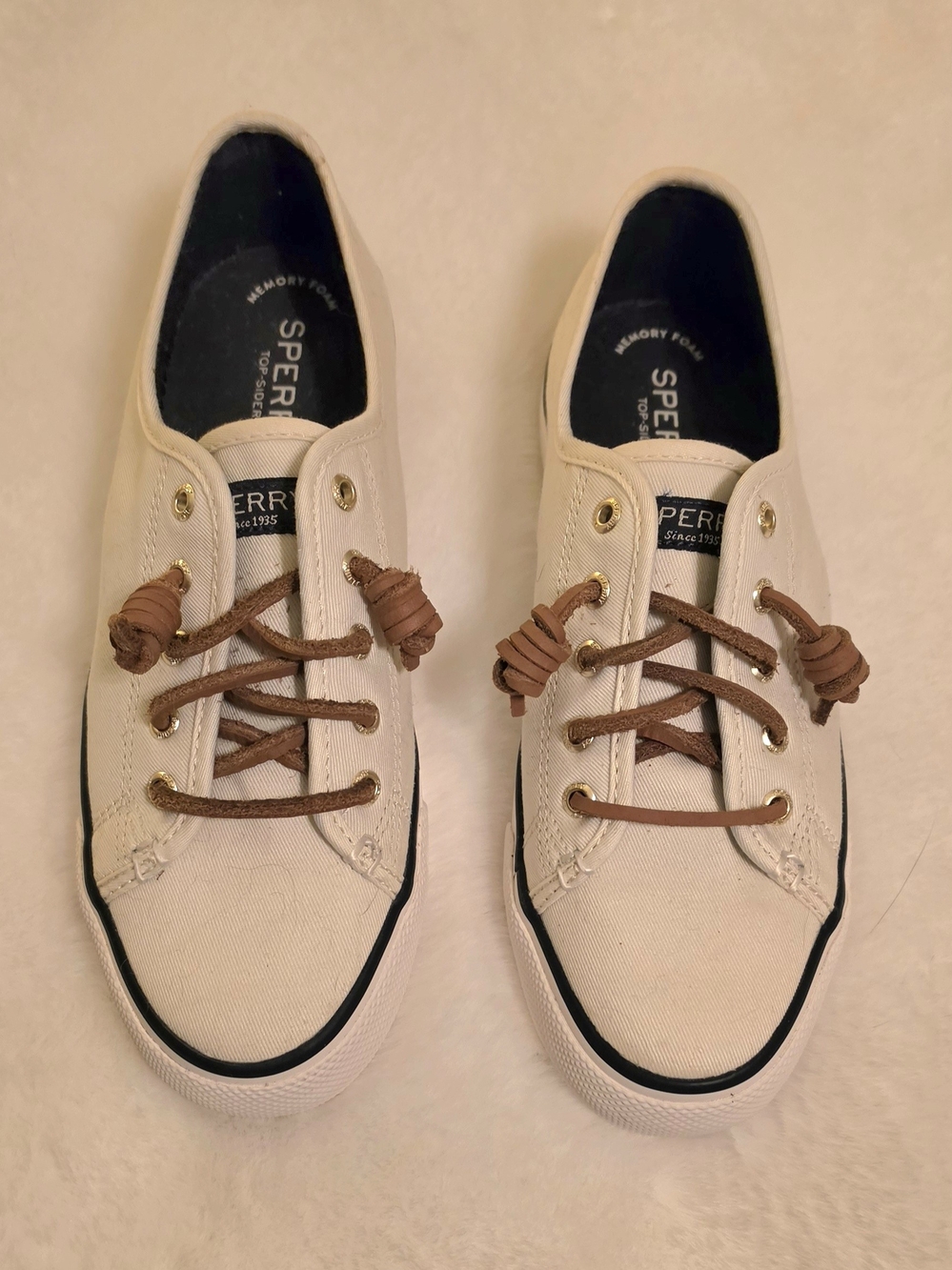 Sperry Top Sider Women's Cream Canvas Boat Shoes with Brown Laces. - Picture 2 of 7